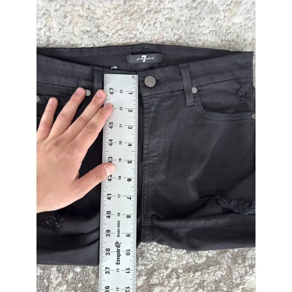 7 For All Mankind Size 27 Distressed Stretch Jeans Black Pants Button Zip Cotton